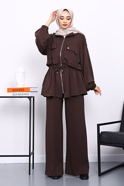İmajButik Brown Zippered Tunic and Pants Modal Set