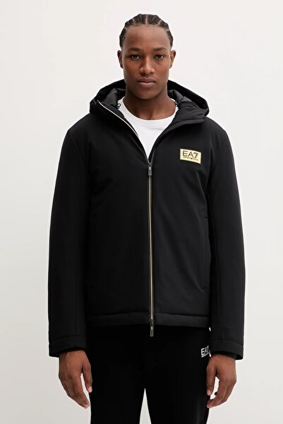 EA7 Men's Hooded Collar Long Sleeve Zipper Closure Pocket Detail Black Jacket 7m001020 Af13563-Uc001