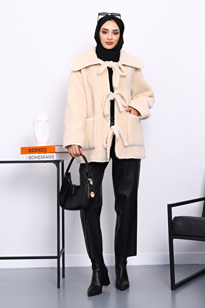 İmajButik Beige Angora Jacket with Tie Detail and Pockets