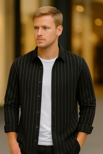 mavisima erkek giyimi Erkek Siyah İnce Çizgili Oduncu Tarzı Gömlek – Rahat Kalıp Yeni Sezon Şık Kombin Trend