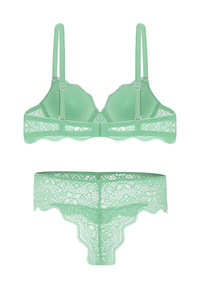Wonna Anna 2735 Lace Low-Cut Padded Push-Up Bra and Panty Set - Green