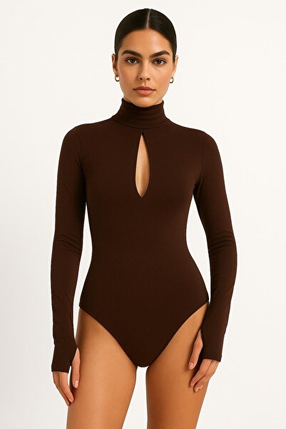 Nsb Tasarım Body cu gât roșu, cu decolteu în jos, maro, pentru femei