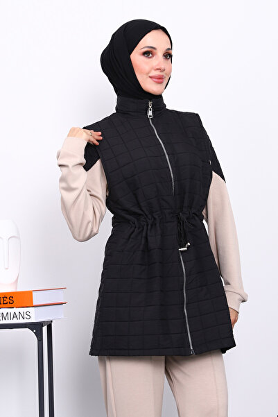 İmajButik Μαύρο καπιτονέ γιλέκο τριπλό σετ με παντελόνι
