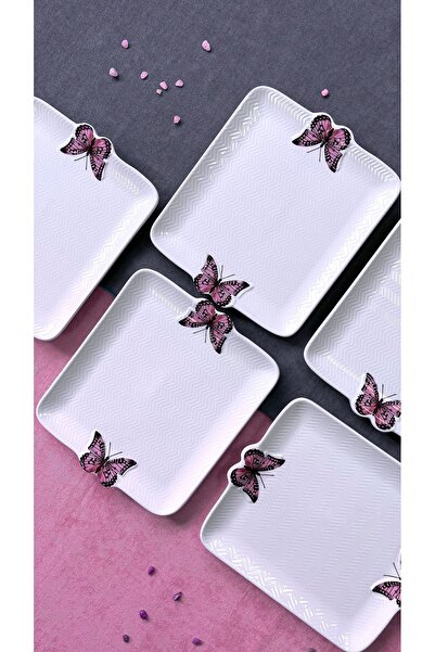 Erbaşlar Lüx Rölyefli Kelebek 6 Parça Kare Pasta Tabağı Seti , PASTA TABAĞI ( 21x18 CM)