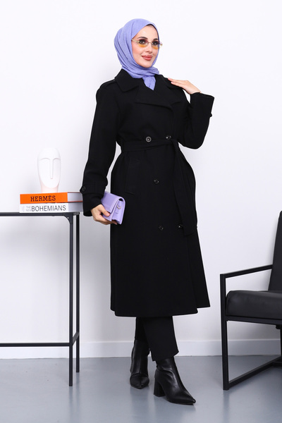 İmajButik Black Double Breasted Collar Belted Stash Coat