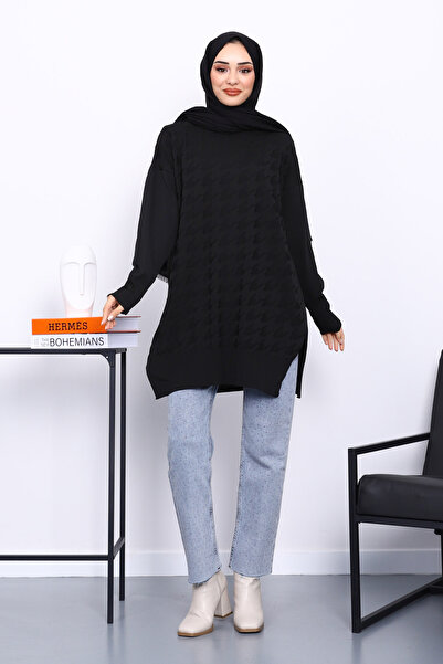 İmajButik Black Houndstooth Patterned Cold Yarn Knitwear Tunic