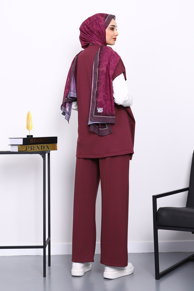 İmajButik Bordo Vest Set Tunic Trousers Triple Set