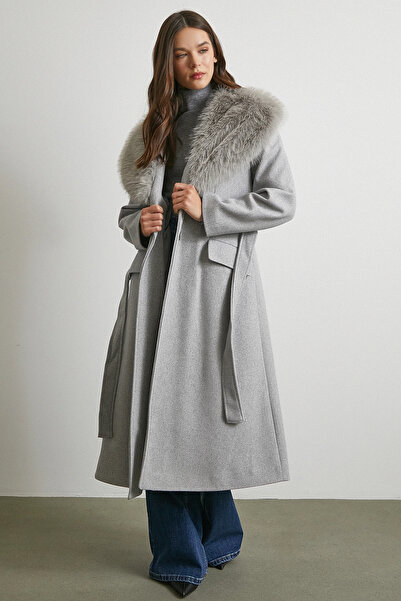 Never more Fur Collar Belted Cashmere Coat Gray