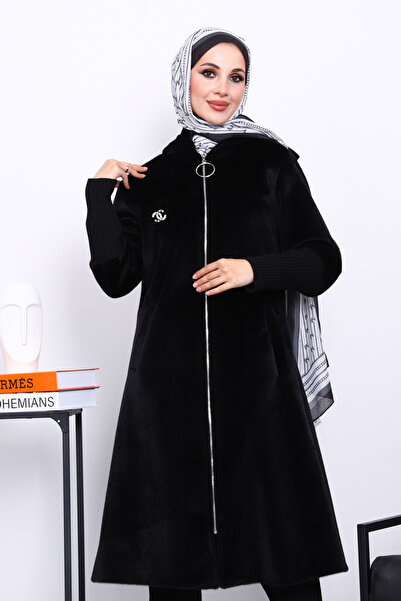 İmajButik Black Hooded Angora Coat