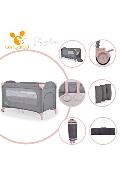 Cangaroo Patut pliabil cu 2 nivele si roti SkyGlow 2 Roz