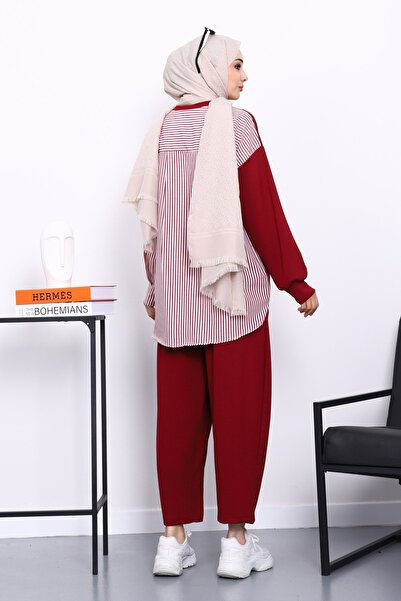 İmajButik Bordo Paneled Tunic Striped Suit with Trousers