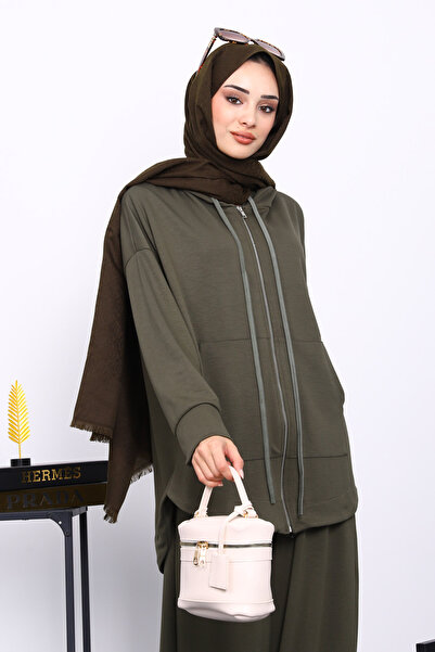 İmajButik Khaki Short Front Long Back Tunic Trouser Suit