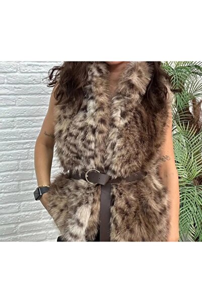 caddebutik20 Leopar Desenli Kemerli Kürk Yelek