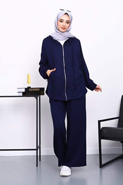 İmajButik Navy Blue Short Front Long Back Tunic Trouser Suit