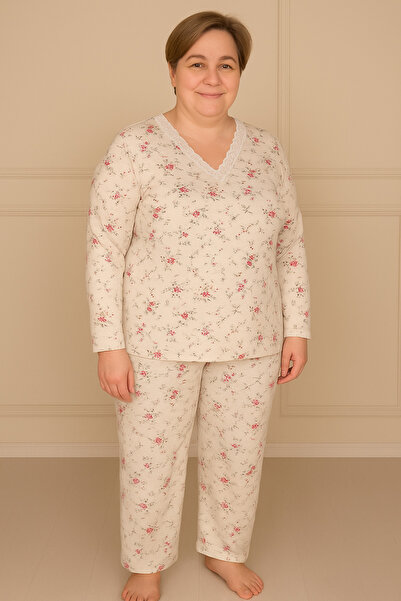 Niket Life Women's Patterned Lace Collar Long Sleeve Six-Long Combed Cotton Mother Pajama Set