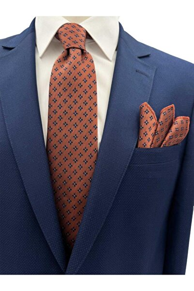 Brianze Tan Navy Blue Patterned Tie and Handkerchief Set
