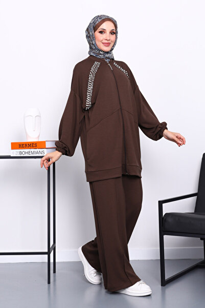 İmajButik Brown Double Pocket Stone Embroidered Modal Suit