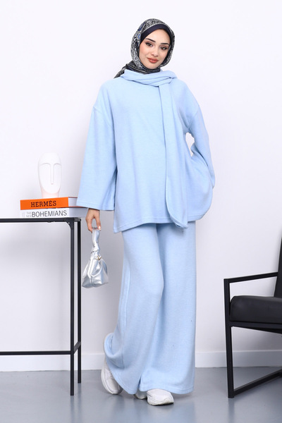 İmajButik Baby Blue Scarf Tunic with Trousers Corded Fabric Sets