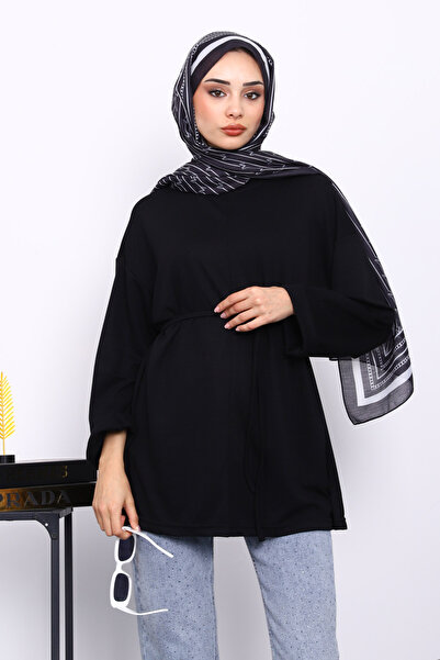 İmajButik Black Tunic with Slits on the Sides and Drawstring Waist