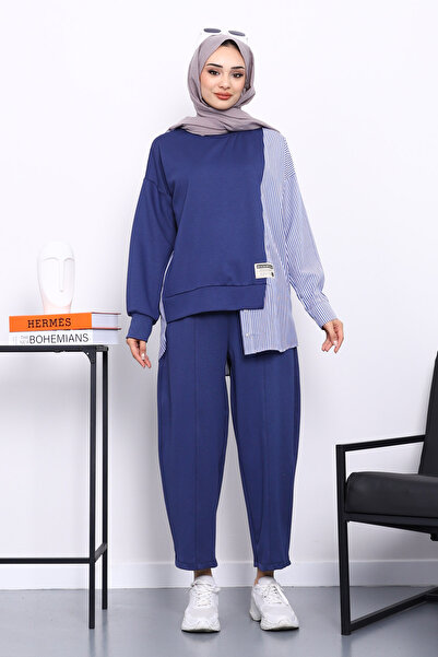 İmajButik طقم مخطط باللون الأزرق الداكن بقطع قماش مخيطة معاً مع بنطلون تونيك