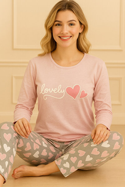Niket Life Women's Lovely Slogan and Six Heart Pattern Crew Neck Long Sleeve Six Long Combed Cotton Pajama Set