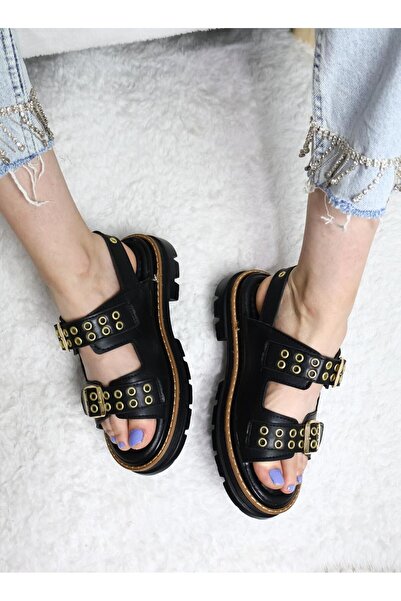 asmi shoes Women's Simya Black Double Strap Capsule Detailed Thick Sole Orthopedic Sandals Black