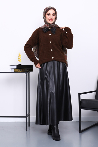İmajButik Brown Bow Detailed Angora Soft Knitwear Cardigan