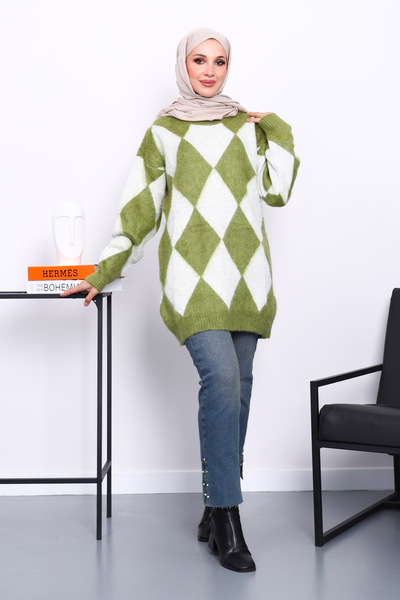İmajButik Green Diamond Patterned Knitwear Sweater