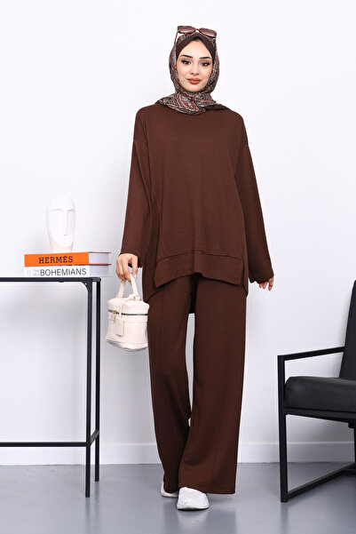 İmajButik Καφέ Μοντέλο Σετ Παντελόνι με Λεπτομέρεια στο Μπροστινό μέρος