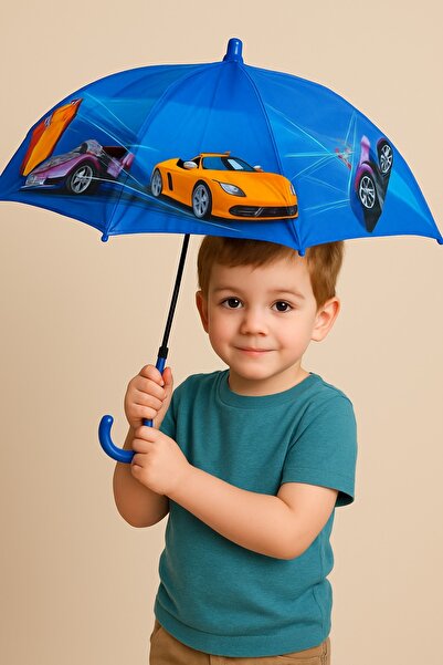 Toptancı Amca Bardaklı Korumalı Erkek Çocuk Mavi Baskılı Şemsiye Çocuk Şemsiye