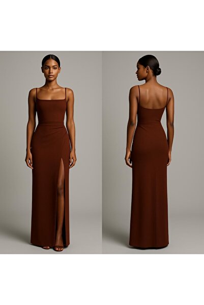 Nsb Tasarım Γυναικείο Καφέ Φόρεμα Πολυτελείας με Σχοινί Μακρύ Y άνοιγμα