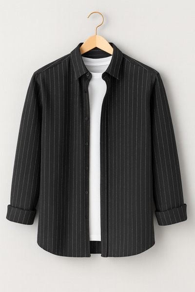 mavisima erkek giyimi Erkek Siyah İnce Çizgili Oduncu Tarzı Gömlek – Rahat Kalıp Yeni Sezon Şık Kombin Trend