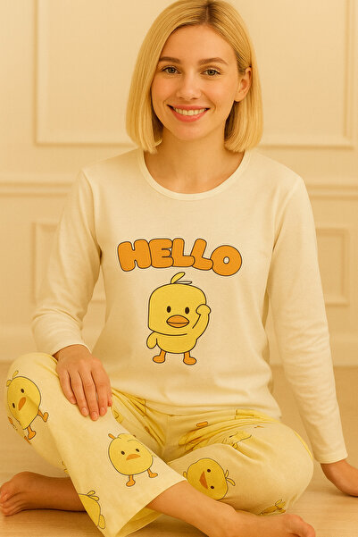 Niket Life Women's Hello Slogan and Duckling Printed Patterned Crew Neck Long Sleeve Six-Long Combed Cotton P