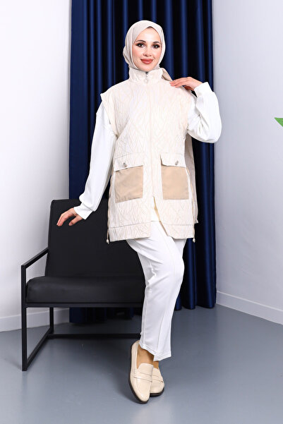 İmajButik طقم ثلاثي من سترة وبنطلون بلون الكريم