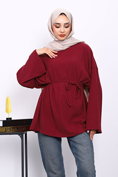 İmajButik Plum Crew Neck Waist Belted Tunic