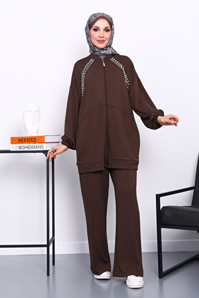 İmajButik Brown Double Pocket Stone Embroidered Modal Suit