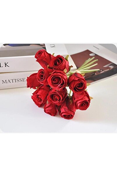 DEFNE DECOR Yapay Çiçek 12 Adet Gül Buketi Kırmızı Renk Gelin Çiçeği Atma Çiçegi