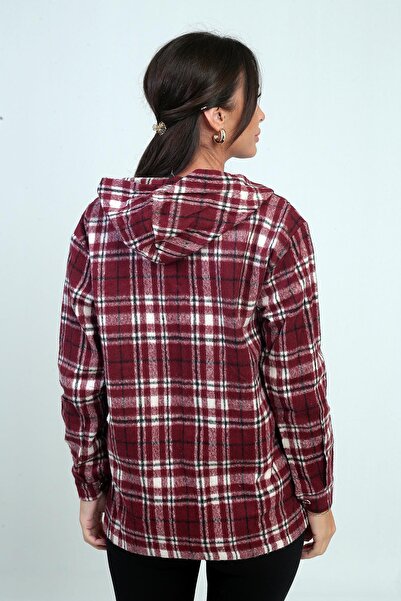 By Saygı Women's Hooded Plaid Patterned Metal Button Pocket Shirt