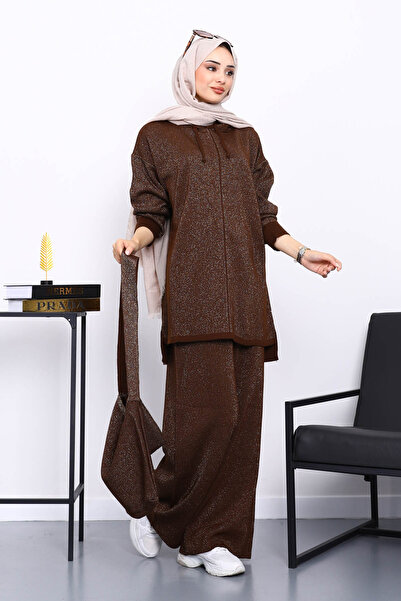 İmajButik Brown Bag Glitter Tunic Trouser Knitwear Set