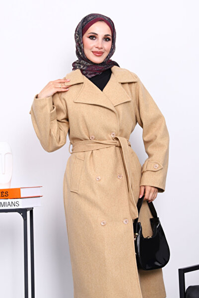 İmajButik Παλτό με κασκόλ και ζώνη από βιζόν διπλό πέτο