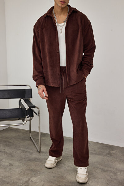 MADZEYMODA Премиум мъжки комплект кафява кадифена риза и панталони с удобна кройка LS-19533