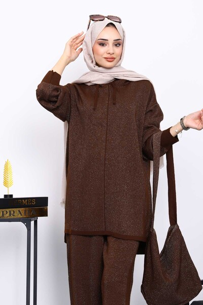 İmajButik Brown Bag Glitter Tunic Trouser Knitwear Set