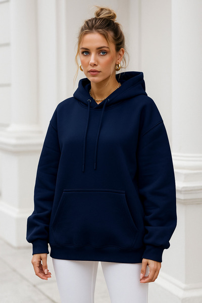 Rich Women's Navy Blue Kangaroo Pocket Hooded Scuba Sweatshirt