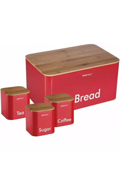 Kinghoff Red bread box set with 3 steel containers and bamboo lids KH-1085