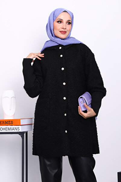 İmajButik Black Hooded Boucle Coat
