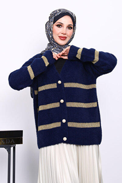 İmajButik Navy Blue V-Neck Angora Soft Cardigan