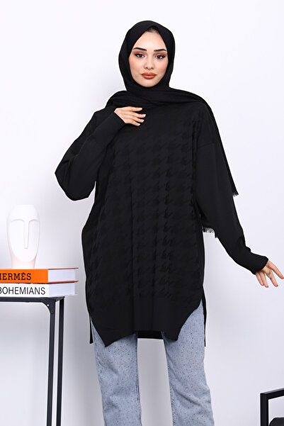 İmajButik Black Houndstooth Patterned Cold Yarn Knitwear Tunic
