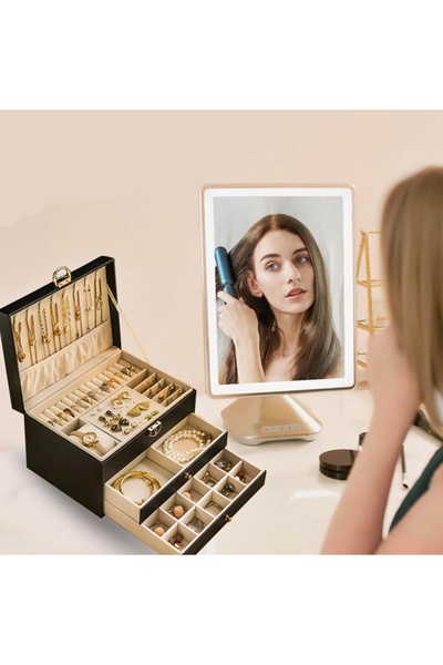 Arzu Güzel Cosmetics Kadınlar için 3 Katmanlı Kilitli Deri Mücevher Kutusu Çıkarılabilir Tepsili Düzenleyici