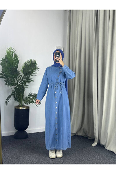 Esre Store 4043 - فستان تيسيت (حجاب) من قماش الدنيم مع حزام أزرق