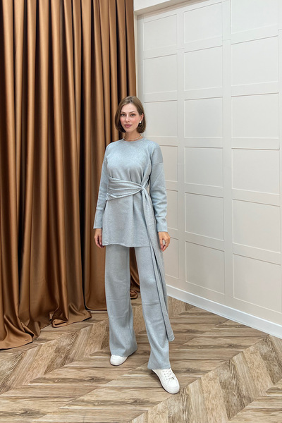 Stilife Yakamoz Шаль Деталь Блискучий трикотажний комплект Сірий